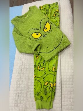 Grinch Green Fuzzy Pajama Set with Yellow Accent Eyes